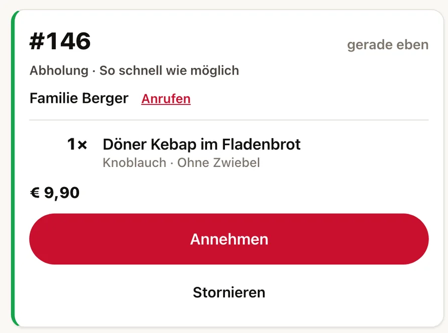 Der Bon in der Küche: Bestellung 146, Familie Berger, 1× Döner Kebap im Fladenbrot mit Knoblauch, ohne Zwiebel, Knopf Annehmen