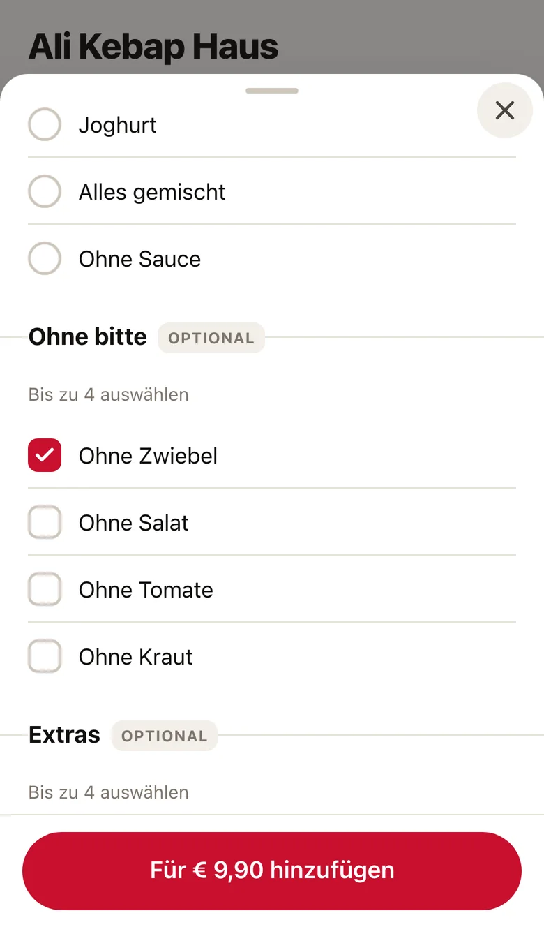 Gericht mit Extras auf der Bestellseite: Sauce nach Wahl, Knoblauch, ohne Zwiebel, Knopf In den Warenkorb