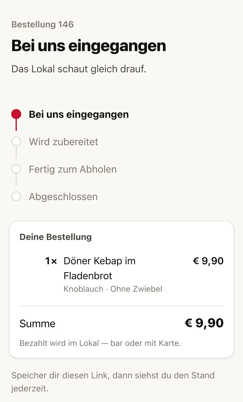 Der Gast sieht den Stand seiner Bestellung: eingegangen, wird zubereitet, fertig zum Abholen
